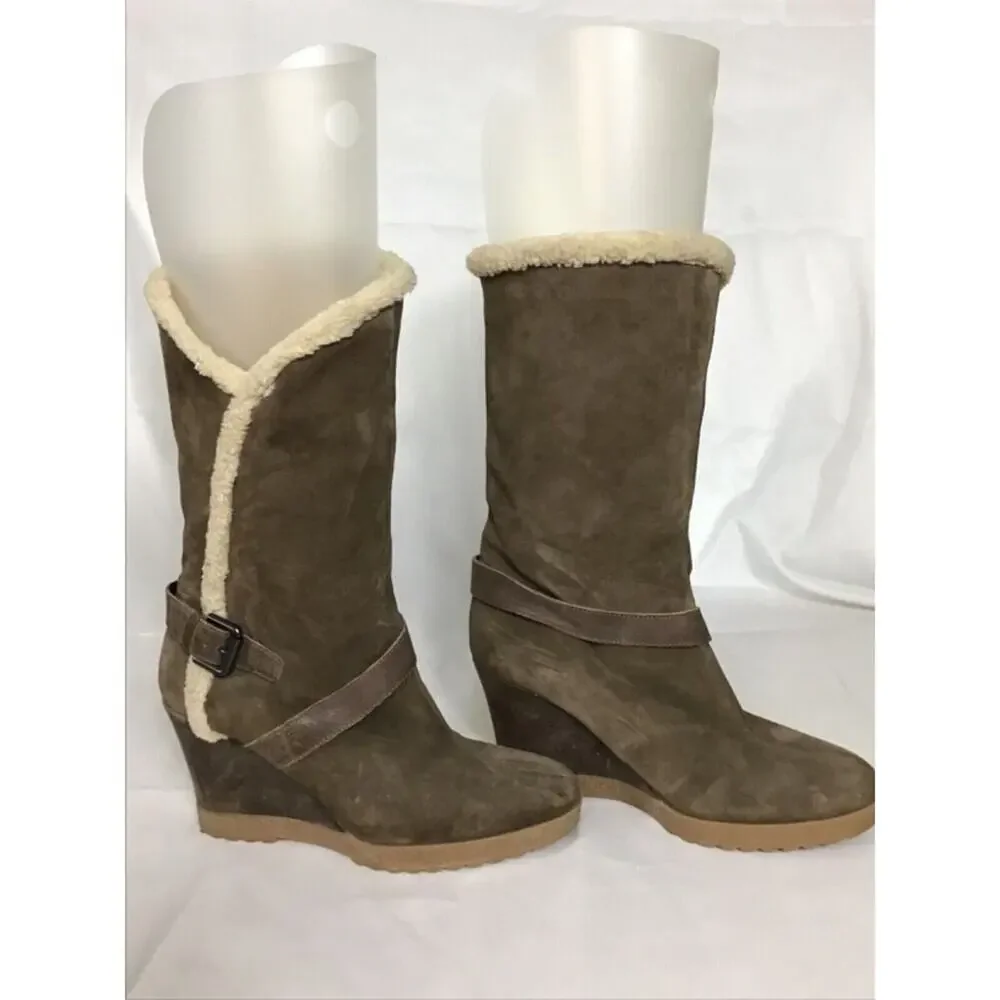 Aquatalia Women Mid Calf Wedge Leather Winter Boots Sz. 38/8.5 US Brown  EUC